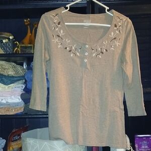 Croft & Barrow Beige Embroidered Long Sleeve Tee